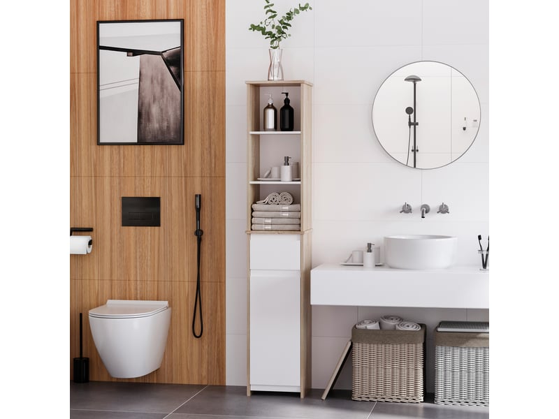  Armoire de salle de bain haute, colonne de salle de bain avec 1 porte, tiroir et 3 étagères, étagère réglable pour cuisine et salon, 32,6x30x171,2cm  - Conforama D