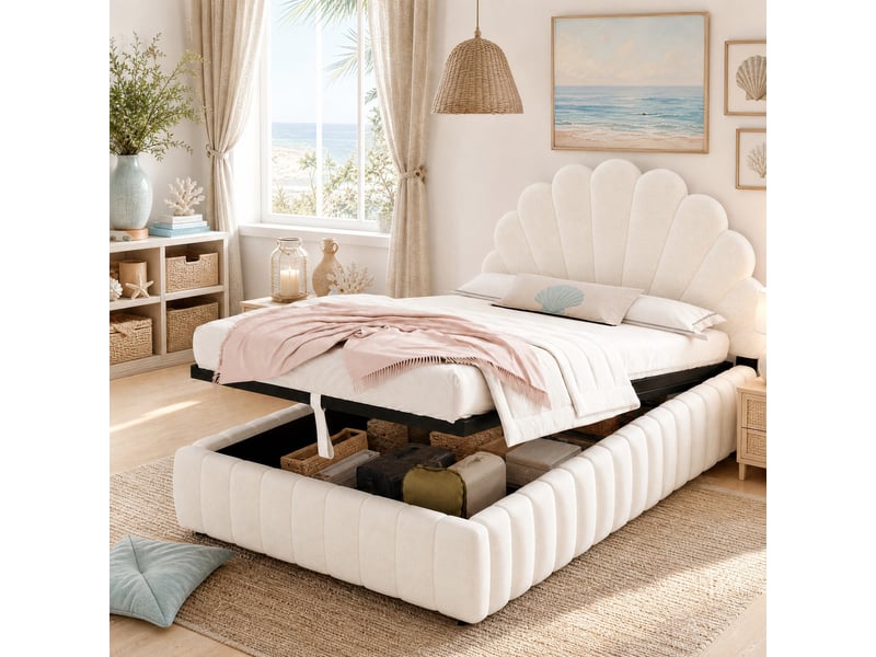  Lit coffre enfant 90x200 cm avec sommier à lattes, velours beige  - Conforama D