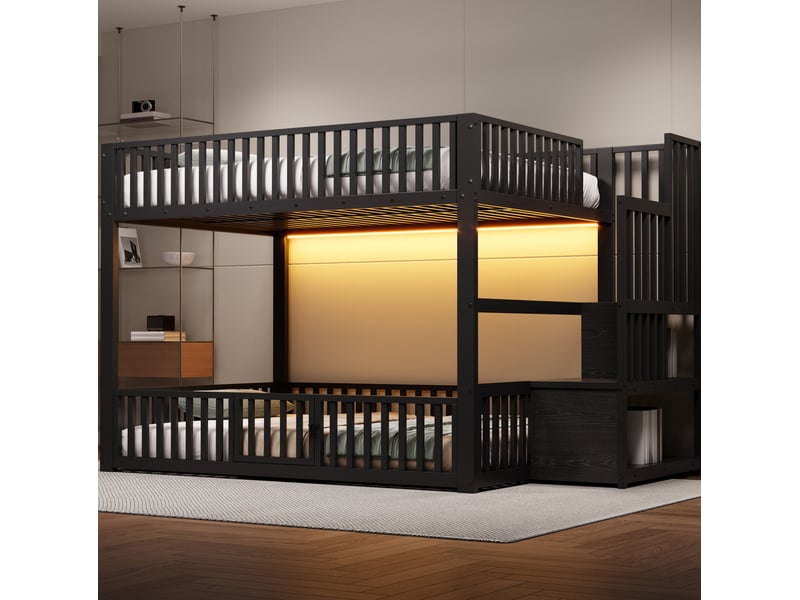 Lit superposé enfant 140x200 cm noir avec escalier de rangement et led - Conforama B
