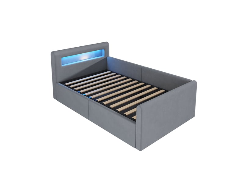  Lit rembourré pour enfant 90x200 cm, velours gris, éclairage led, port usb, rangement  - Conforama A