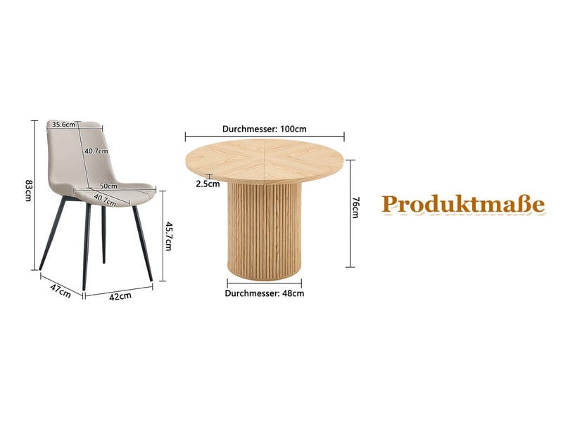  Ensemble table à manger et 4 chaises, 100 cm, forme ronde, en mdf et effet bois et simili cuir, coloris gris, style minimaliste  - Conforama C