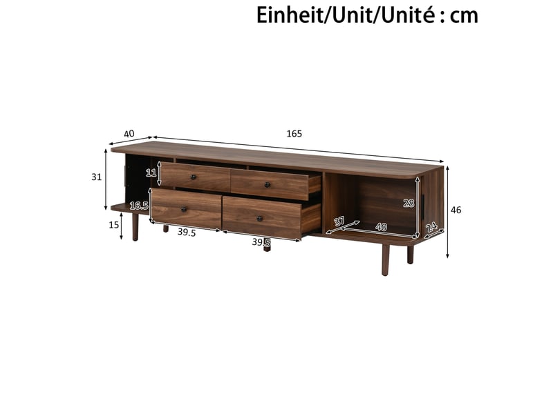  Meuble tv 165 cm avec 4 tiroirs et 2 portes coulissantes, coloris noyer, mdf  - Conforama C