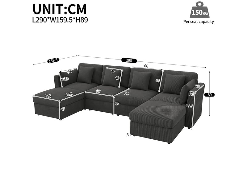  Canapé d'angle moderne ,6 places,avec accoudoirs réglables et pouf amovible, en velours,290x159x89cm,gris  - Conforama C