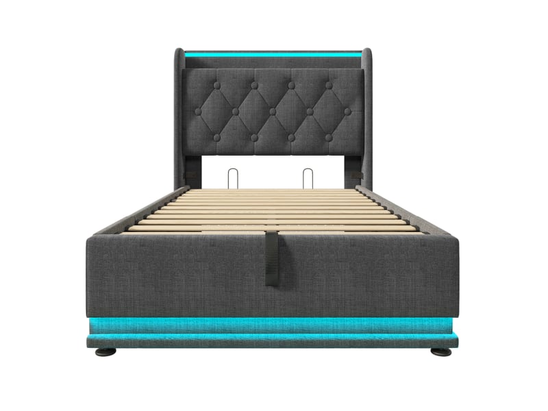Lit coffre adulte 90x200 cm – gris – led 360°, tête de lit usb-c, rangement hydraulique, matelas inclus - Conforama D
