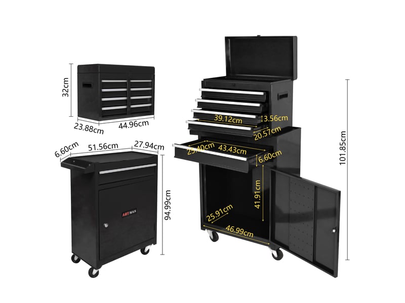  Armoire à outils mobile 51,56 x 27,94 x 101,85 cm noire en acier, 5 tiroirs et rangement de garage  - Conforama B