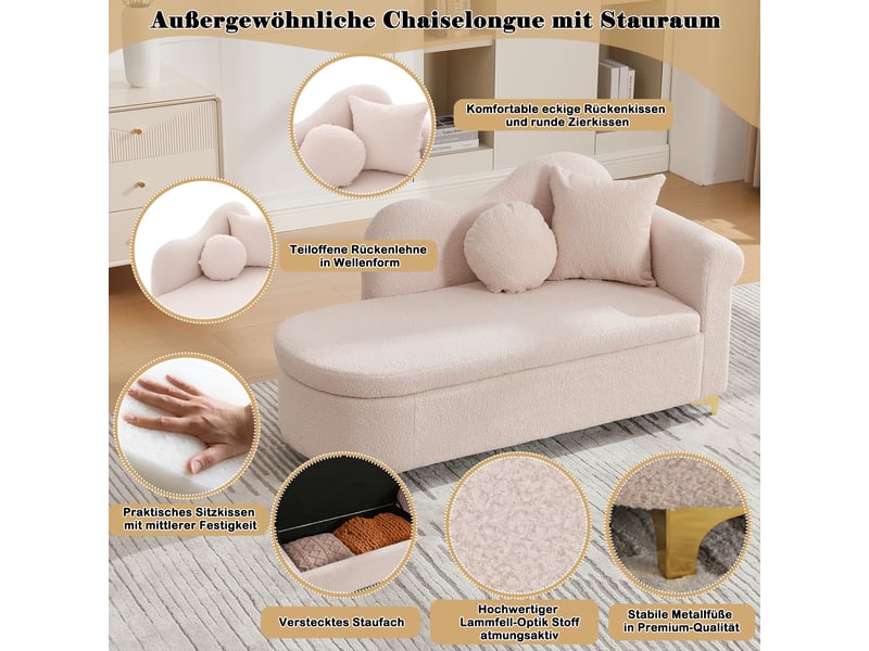  Méridienne avec coffre de rangement, dossier ondulé et 2 coussins, tissu effet mouton rose clair, 134×64×70 cm  - Conforama E