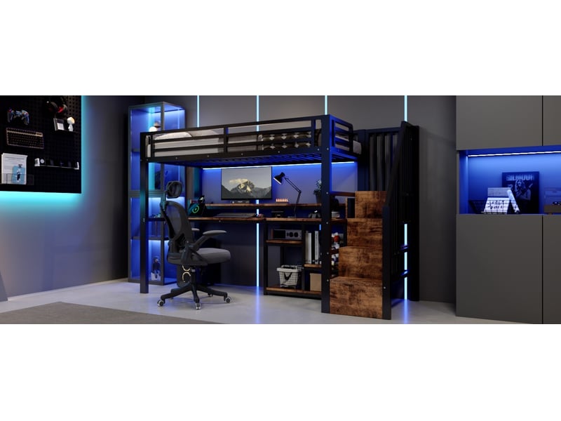  Lit mezzanine 90x200 cm, escalier avec rangements, led et ports usb et type-c, en métal, noir, sans matelas  - Conforama D