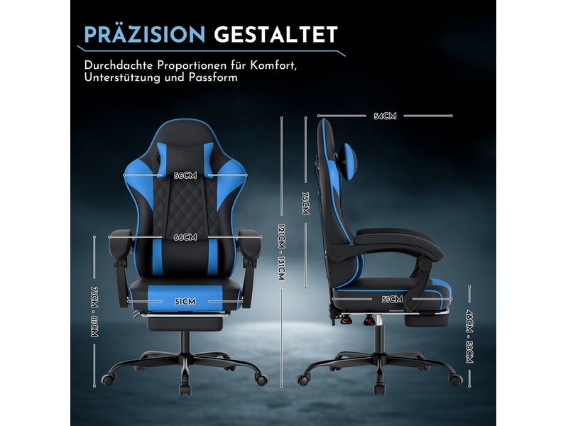  Fauteuil gaming de bureau noir et bleu, inclinable avec repose-pieds rétractable  - Conforama C