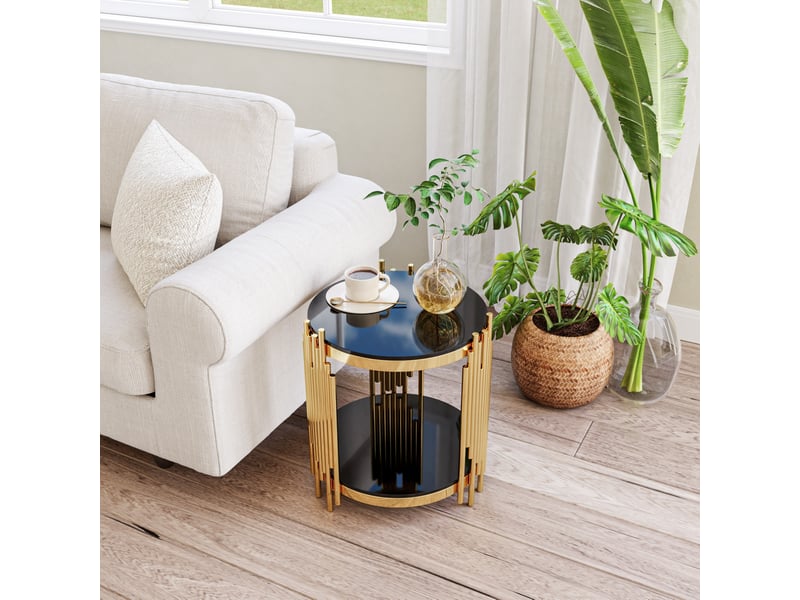  Table d’appoint ronde noire et dorée – 2 plateaux en verre trempé – ø 45 x h 55 cm  - Conforama C