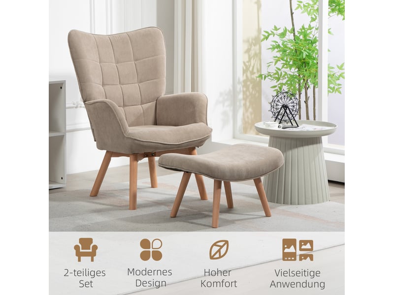 Fauteuil avec pouf assorti, dossier capitonné et patins réglables, pieds en bois de hêtre et polyester kaki  - Conforama D