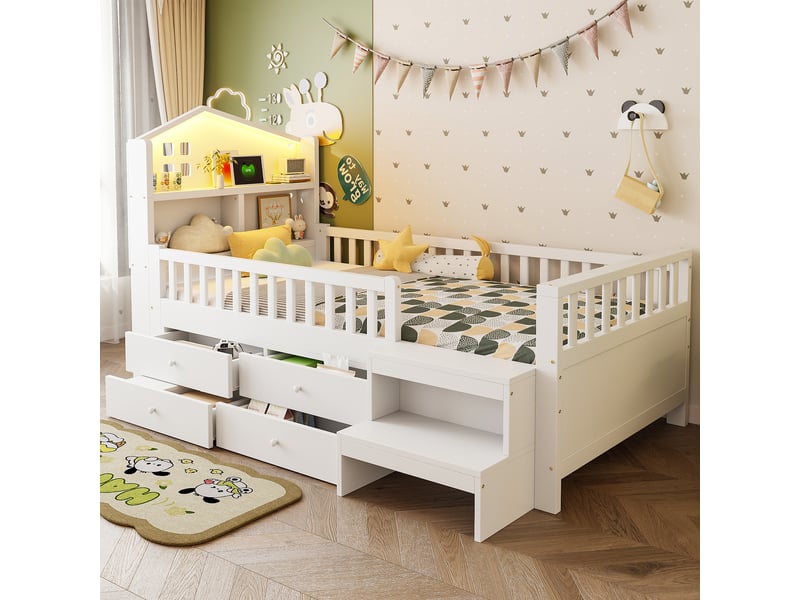  Lit enfant 90x200 cm blanc en bois massif avec 4 tiroirs, marche, led, usb et type-c  - Conforama R