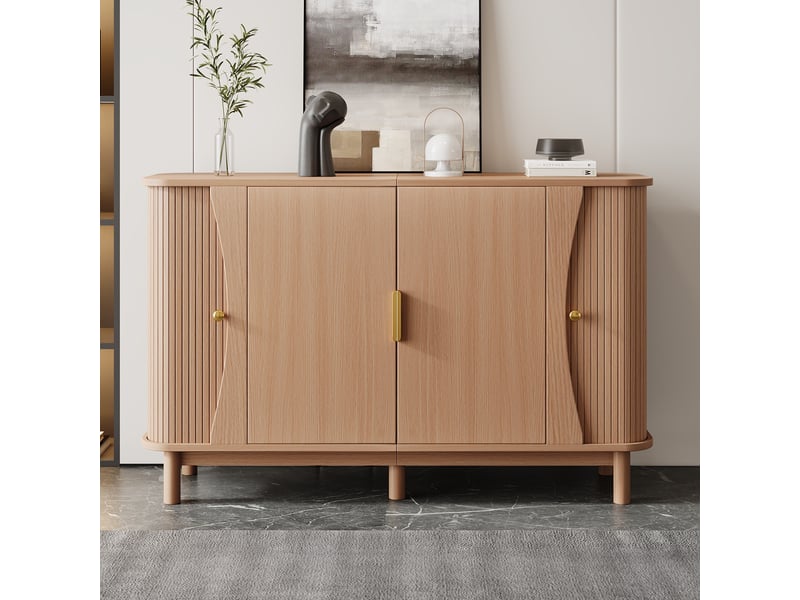 Buffet - 140x40x88cm - buffet basse de salon avec 2 portes battantes & 2 portes coulissantes côtelées - bois naturel - Conforama D