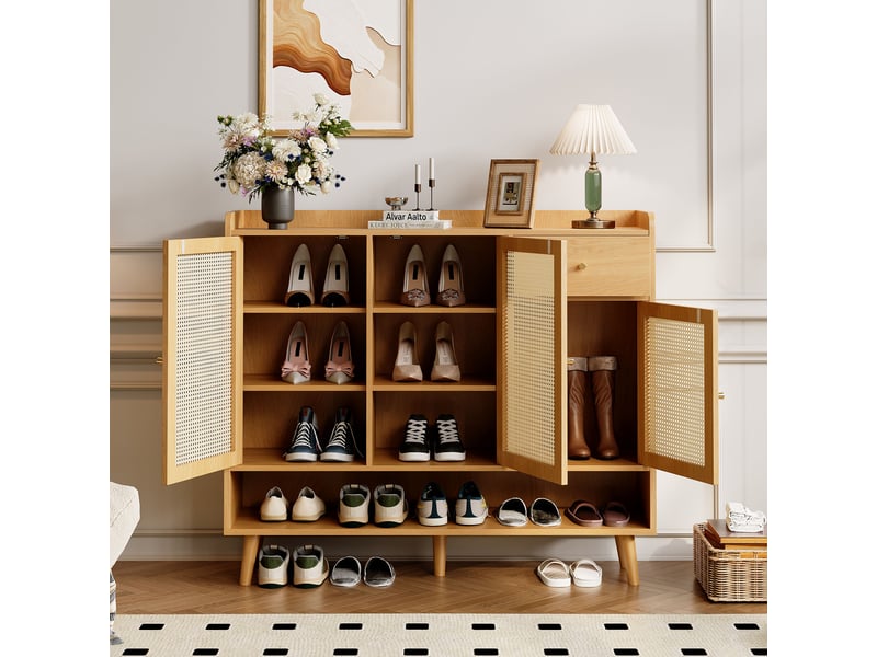  Meuble à chaussures 3 portes et 1 tiroir, naturel, 120 x 35 x 106 cm  - Conforama D
