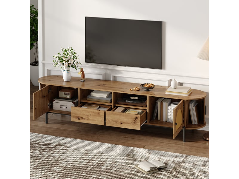  Meuble tv ovale 200 cm en rotin et mdf, portes coulissantes et tiroirs, pieds en métal noir  - Conforama C