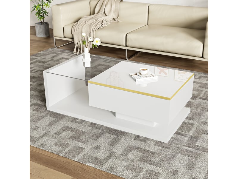 Table basse 100x50x32,5 cm avec led et plateau en verre trempé, rangement fermé et niche, panneaux de particules, blanc ABC - Conforama E