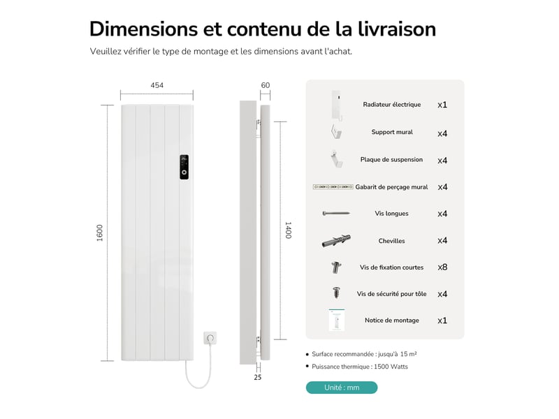  Emke radiateur électrique à convection 1500w, panneau chauffant mural en aluminium 160x45,4cm, thermostat wifi, blanc brillant  - Conforama E
