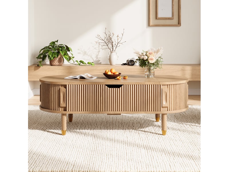 Table basse relevable avec rangement et 2 portes coulissantes rainurées pour salon en mdf naturel 110 × 48 × 57 cm  - Conforama D