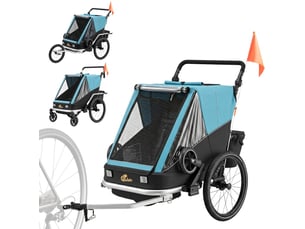 Remorque vélo enfant 2 places 148 x 83 x 102 cm bleue en aluminium, convertible en poussette