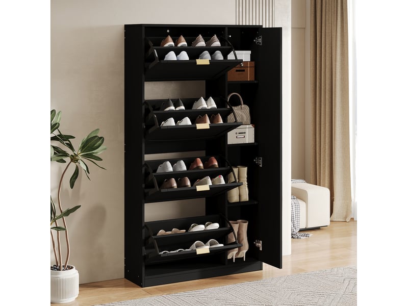  Meuble à chaussures avec miroir 80x24x147 cm, 4 abattants, noir, panneau de particules  - Conforama B