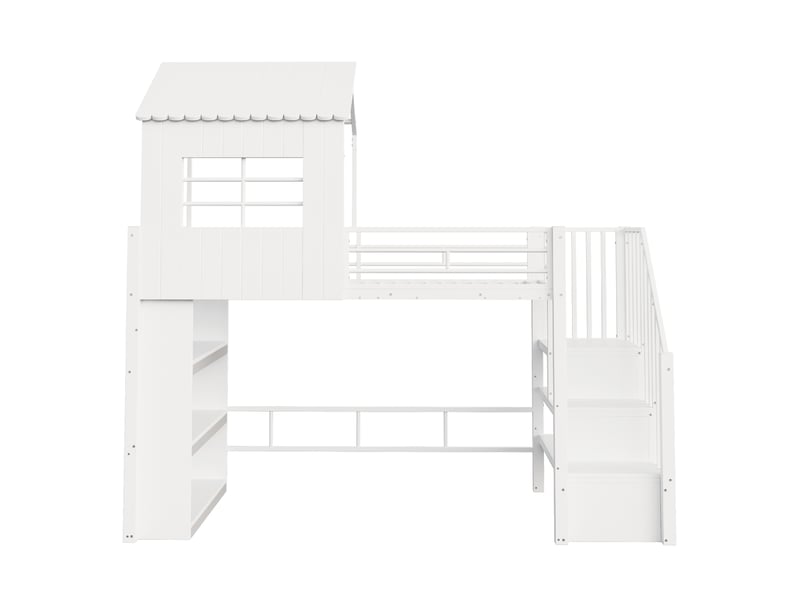  Lit mezzanine enfant 90x200 cm – blanc – escalier de rangement réversible, étagère et toit maison – sans matelas  - Conforama D