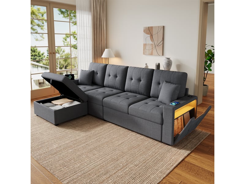  Canapé d'angle modulaire en lin, pouf rangement libre, 2 rangements aux accoudoirs, usb &amp; type-c, led, 253 cm  - Conforama B