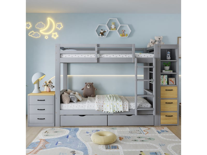  Lit superposé en bois 90×200 cm avec 2 tiroirs, rangements et échelle, gris  - Conforama B