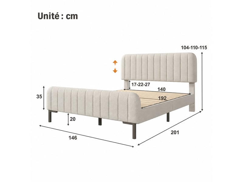  Lit double rembourré, tête de lit réglable, sommier à lattes, beige grisé, 140 x 190 cm  - Conforama C