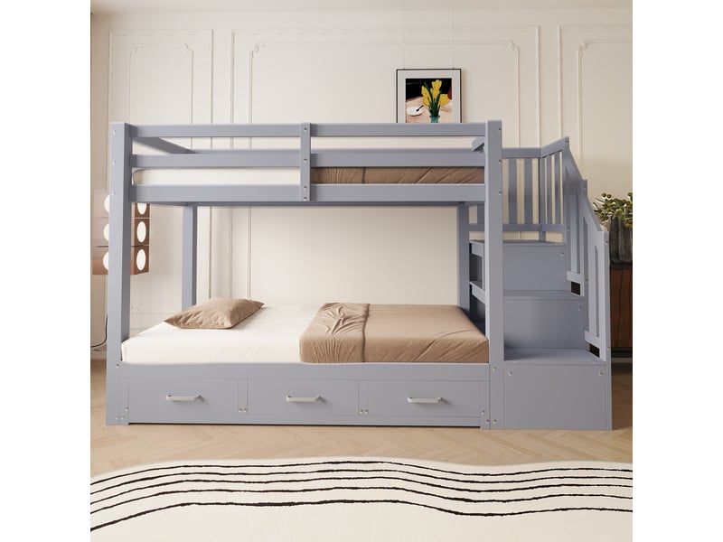 Lit mezzanine 90x200 cm avec lit gigogne, lit enfant avec échelle de rangement à plusieurs tiroirs, gris, lit en bois - Conforama E