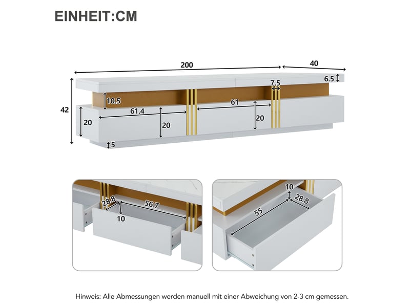  Meuble tv moderne effet marbre 200x40x42 cm avec 3 tiroirs et gestion des câbles pour tv jusqu'à 90 pouces  - Conforama D
