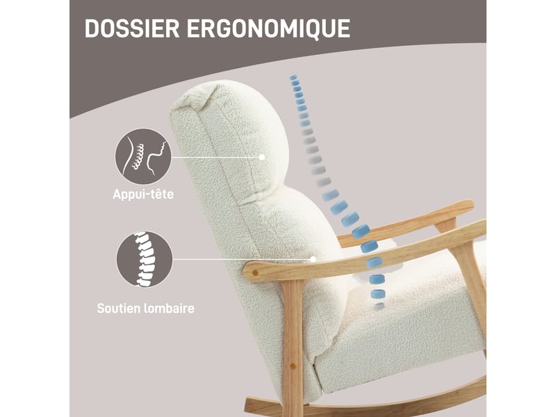  Fauteuil à bascule en velours teddy crème 65 x 90 x 98 cm  - Conforama E