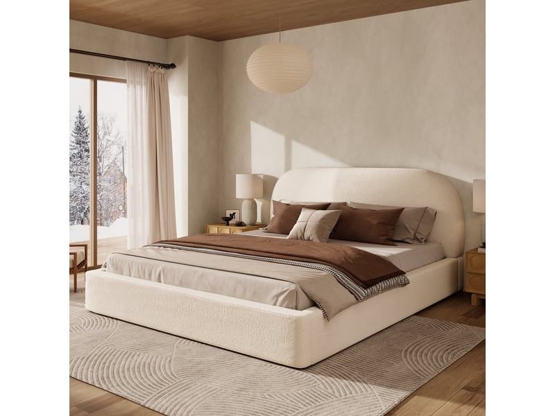  Lit rembourré 180 x 200 cm, lit double avec tête de lit capitonnée, sommier à lattes, bouclé beige  - Conforama B