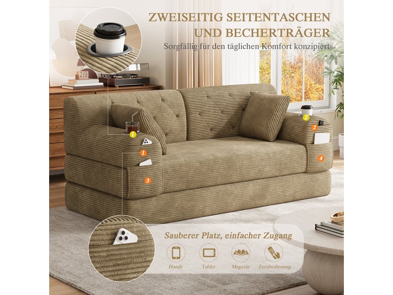 Canapé convertible, canapé-lit, 2 places, en velours tricoté, kaki, poches latérales, structure métallique, porte-gobelets - Conforama W