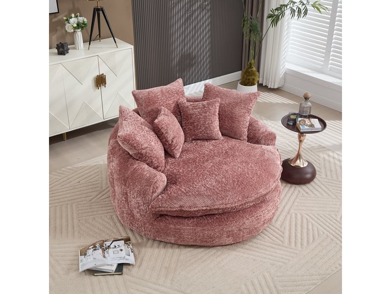  Fauteuil avec pouf modulable, doubles accoudoirs et coussins pour lecture et détente, en polyester rose  - Conforama D