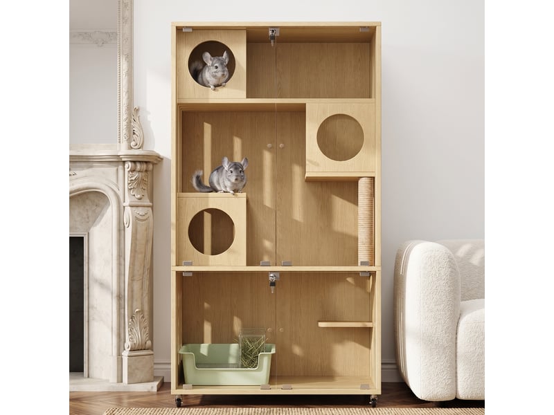  Meuble vitré mobile 90 x 50 x 166 cm, 3 niveaux, portes en verre trempé avec serrure, roulettes, finition bois naturel  - Conforama B