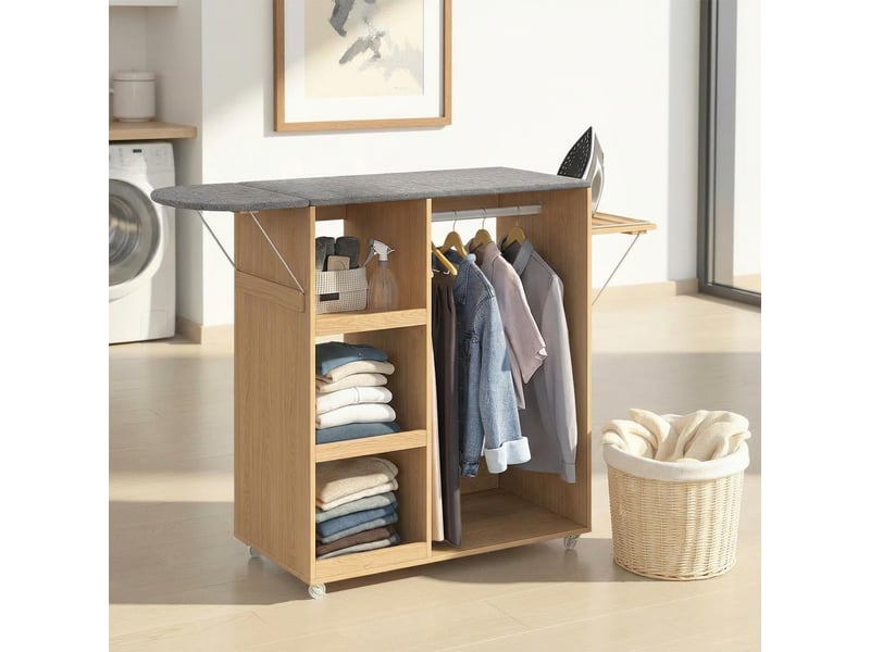  Table à repasser pliable à roulettes avec étagères réglables et barre de penderie façon hêtre  - Conforama B