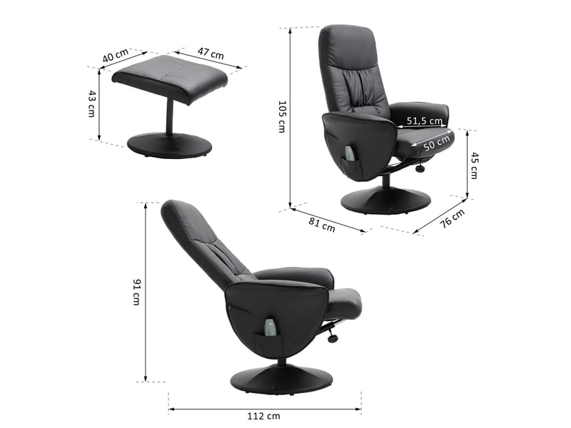 Fauteuil relax massant,76x81x105 cm,avec repose-pieds,similicuir,noir - Conforama C