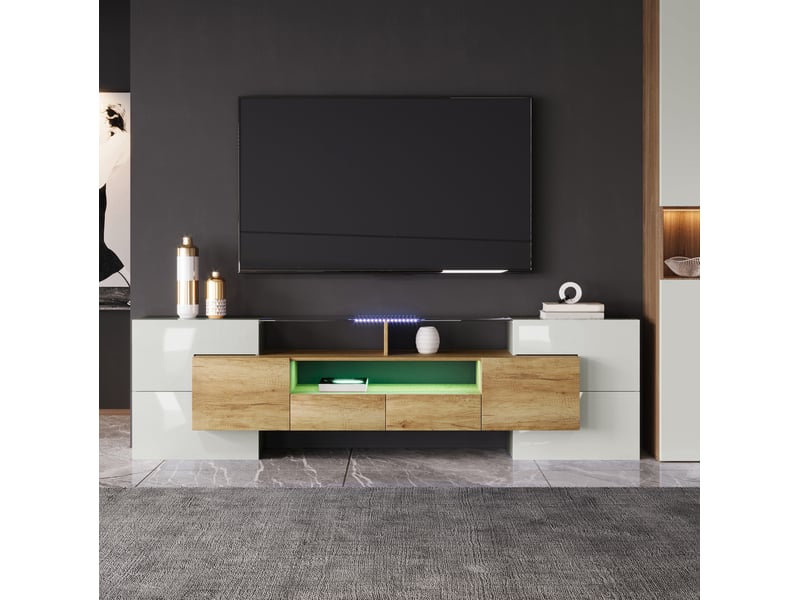  Meuble tv modenvie 200 x 35 x 60 cm led multicolore blanc brillant et décor bois  - Conforama B