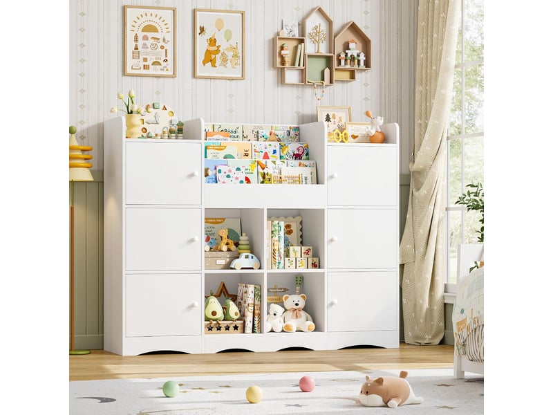  Meuble rangement enfant bibliothèque enfant avec 6 portes 15 étagères de rangement jouet enfants pour chambre salle de jeu 140x30x106 cm blanc  - Conforama B