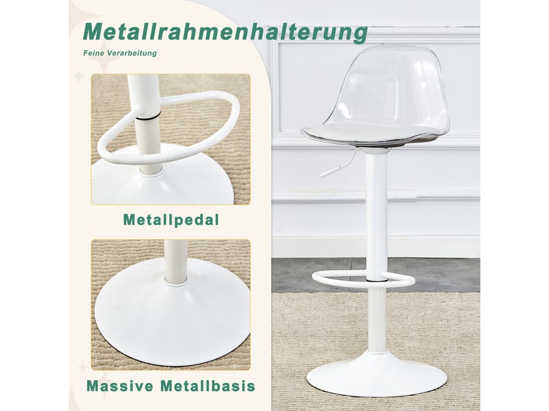 Chaise pivotante 2-pack, dossier transparent, pieds métalliques blancs, hauteur réglable 82–104 cm - Conforama D