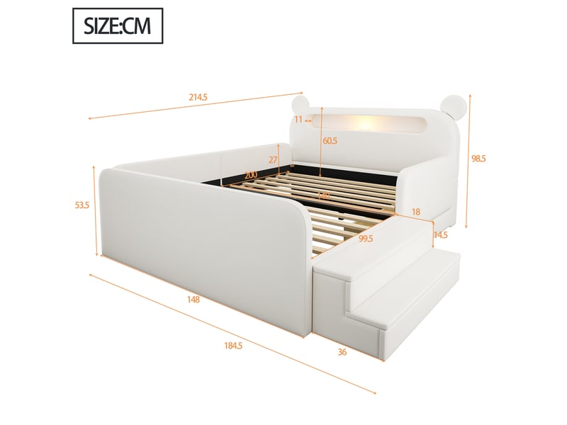  Lit enfant 140 × 200 cm 2 places avec rangement, usb, veilleuse et assise, sans matelas, en similicuir blanc  - Conforama D