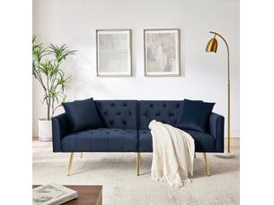Canapé convertible 2 places 177x78x74 cm bleu en velours, dossier réglable 3 positions et 2 coussins