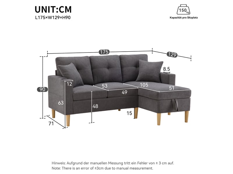 Canapé d’angle réversible 3 places 175x129 cm avec méridienne, coffre de rangement, porte-gobelets, 2 coussins - gris foncé - Conforama D