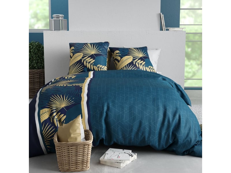  Parure housse de couette 260x240cm + 2 taies motif tropical bleu 100% coton - ophra OPHRA - Conforama A