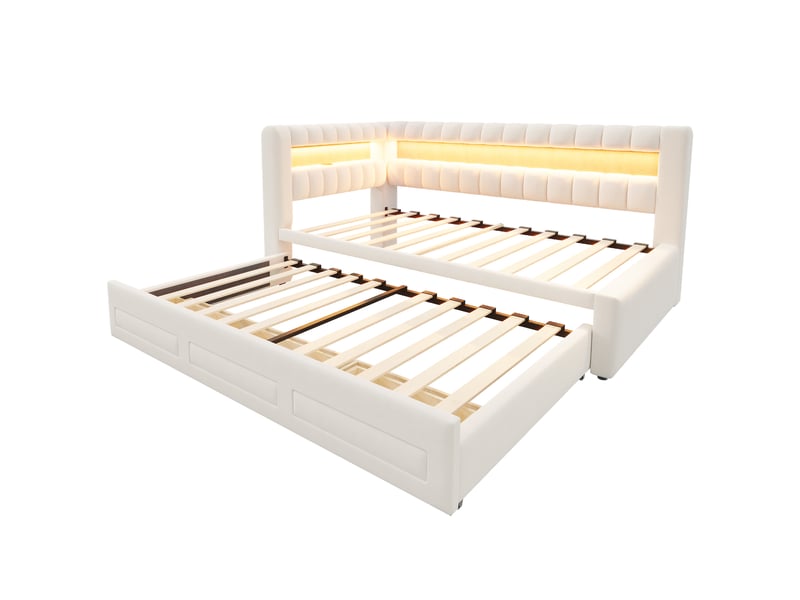  Lit gigogne 90x190 cm avec rangement, led et usb-c, velours beige, sans matelas  - Conforama E
