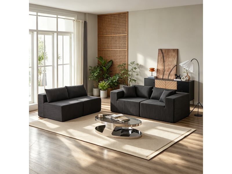  Canapé d’angle, canapé de sol en velours côtelé 104, compressé mousse, 4 pièces combinables, 71x264x167 cm, noir  - Conforama D