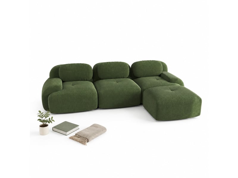 Canapé d’angle 3 places modulable en velours côtelé vert sans cadre, confort 32d et prêt à installer - Conforama A