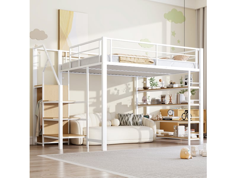 Lit mezzanine 140x200 cm avec escalier de rangement, étagères et penderie, blanc - Conforama E