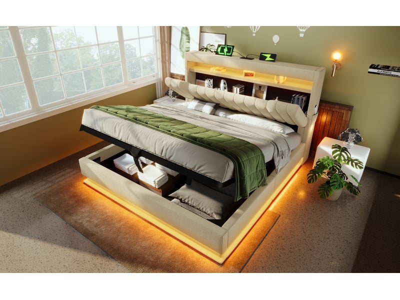  Lit coffre 140x200 cm lin beige, led, ports usb-c, rangement hydraulique, matelas inclus  - Conforama D