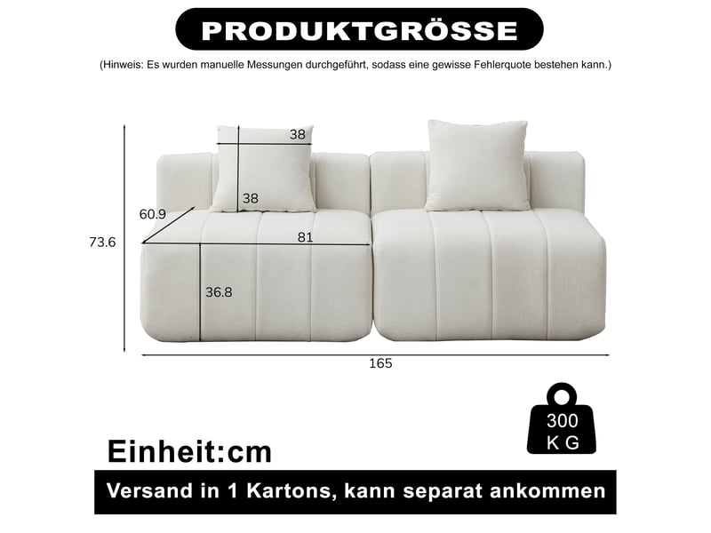 Canapé 2 places - 165x60.9x73.6 cm - canapé droit modulaire chenille avec 2 coussins, sans montage - blanc - Conforama E