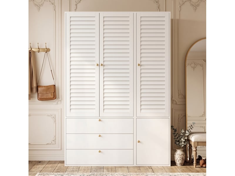  Armoire 3 portes à lamelles avec 3 tiroirs, 2 tringles et porte-pantalons, blanc, 135 × 50 × 200 cm  - Conforama C